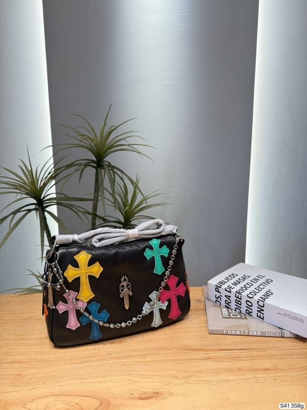 Black Cross Appliqué Shoulder Bag - Multicolor Accents